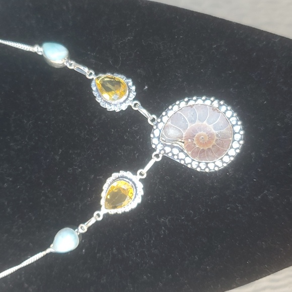 New Ammonite Fossil, Larimar and Citrine 925 Silver Necklace. - Picture 5 of 11